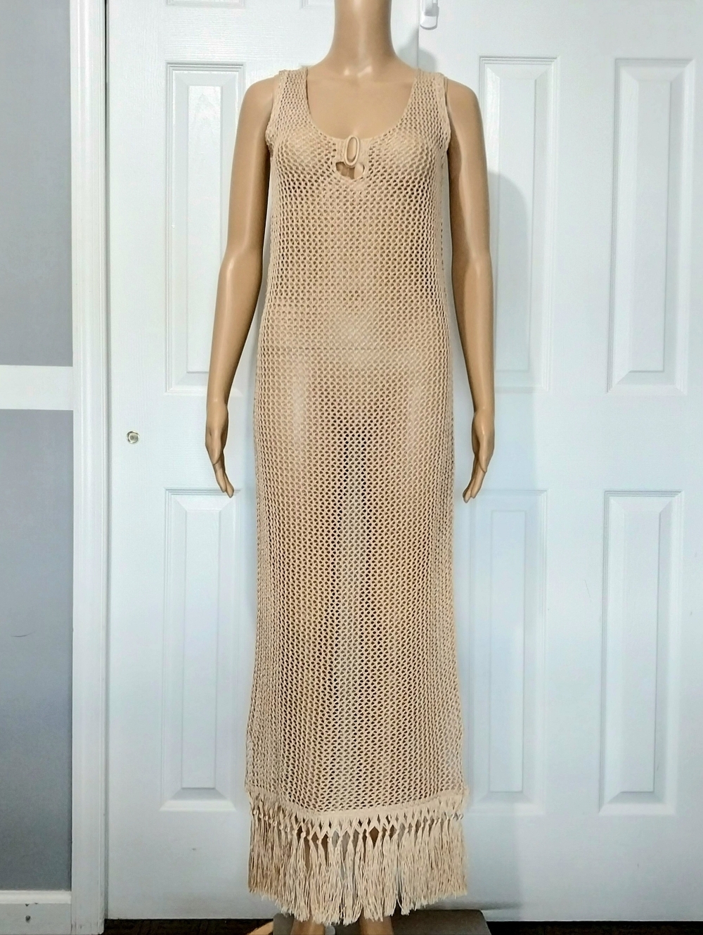 Golden Crochet Dress with Fringe, NWOT, Size S - Picture 1 of 11